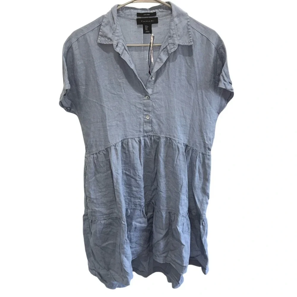 ON HOLD --- Tahari Blue 100% Linen Tiered Babydoll Mini Dress Short Sleeve Small